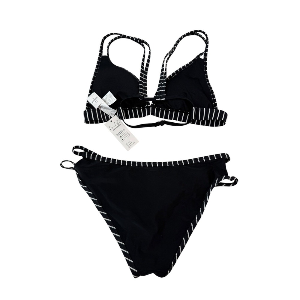 Cupshe NWT Black White Stripe V-Neck Double Strap Bikini Hip Cutout Set Small S - Picture 6 of 13
